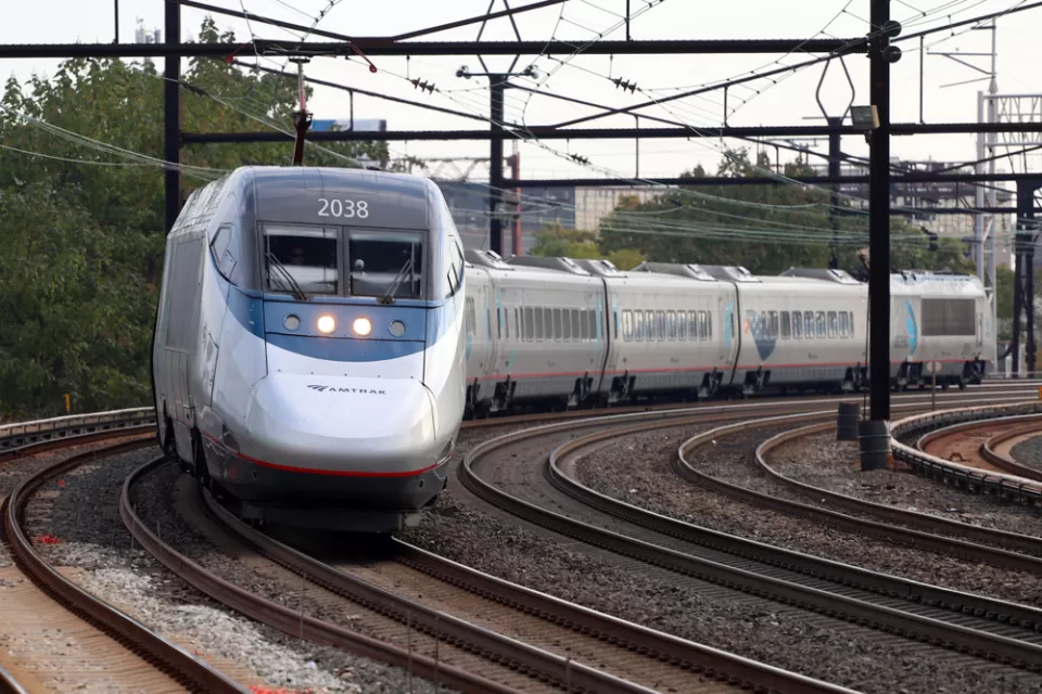 Amtrak Acela Express train passing through Harrison station in Newark, New Jersey